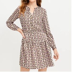 LOFT Geometric Long Sleeve Dress - Cream, Brown, Pink